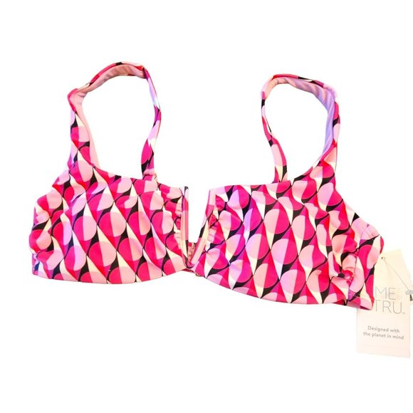 Bikini Swimsuit Top Pink Black White Geometric Print V-Wire Woman's S 4/6 LR112 - Picture 1 of 8